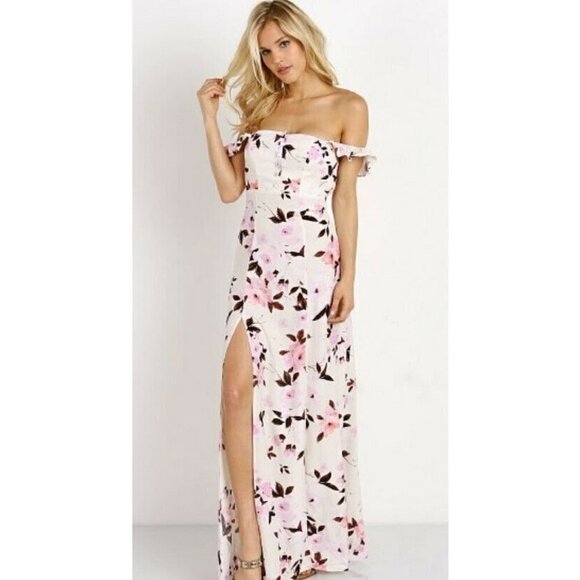 New Flynn Skye Bardot Maxi Dress Womens XS Scattered Roses Pink Floral Rayon - Picture 1 of 9